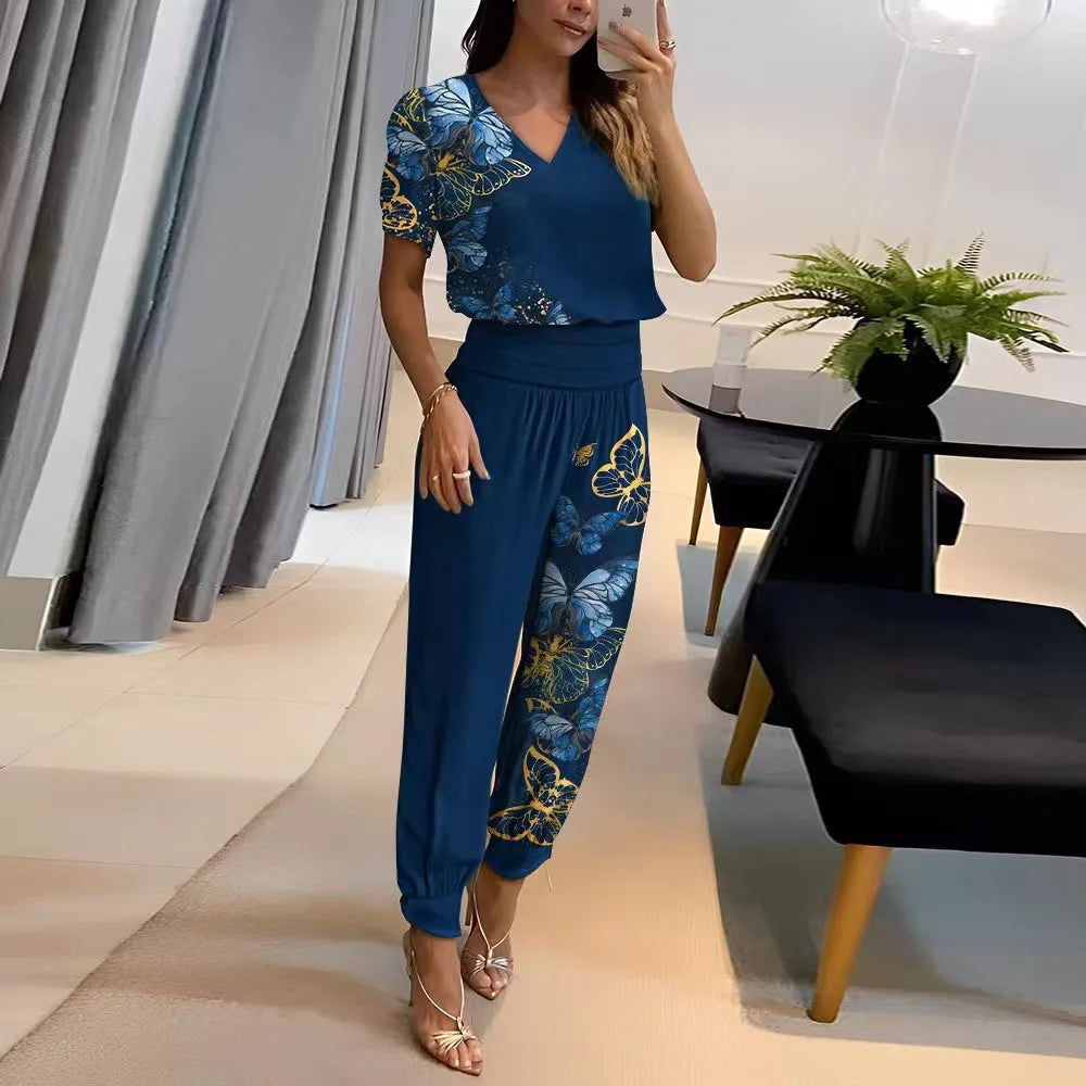 2025 New Long Pant Sets Summer Fashion Casual V-neck Print Short Sleeve Trousers Suit Two-piece Set 2 Piece Sets Women Outfit