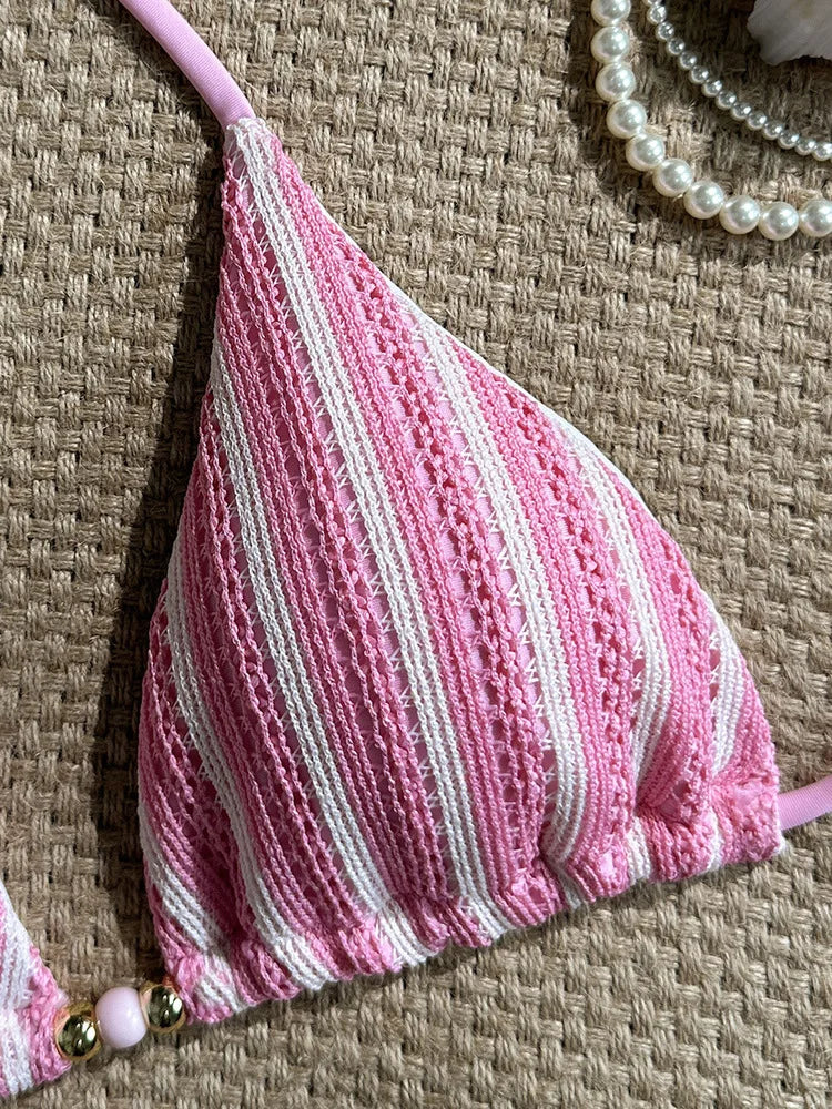 2026 Summer Women's Striped Knitted Solid Color Bikini Set Sexy Fashion Beach Vacation Bandage Swimsuit