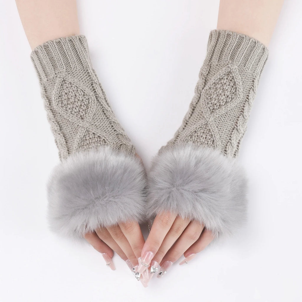 A Pair Of Women's Knitted Fingerless Gloves With Faux Fur Cuff, Warm Winter Fall For Ladies,  Cable Knit Arm Warmers For Cold