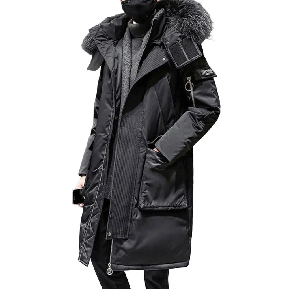 Men Down Jacket Fur Collar Hooded Long Sleeve Solid Color Winter Coat Zipper Placket Pockets Thickened Puffer Outwear