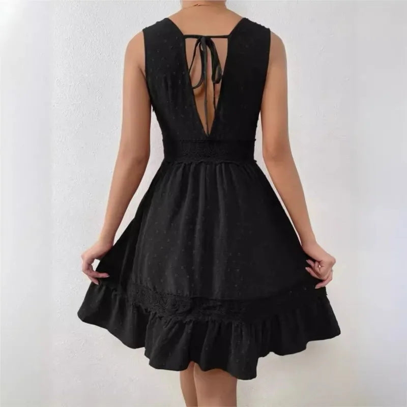 Women's White Party Dress Fashion Lace V-neck Ruffle Hook Flower Hollow Waist Mini Women Dresses Summer Sexy Prom Female Vestido