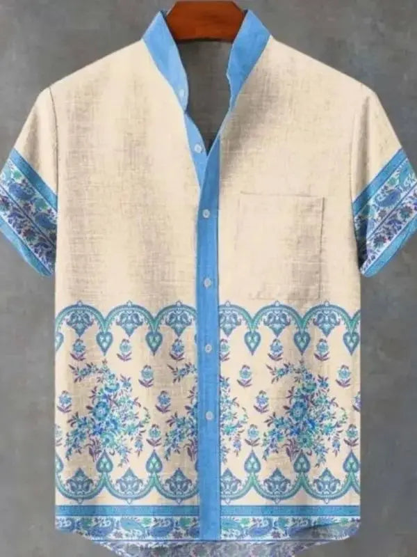 Men's Short Sleeve Printed Shirt Fashion Urban Style Polyester Fabric Loose Fit Casual Wear Turn-down Collar Classic Design