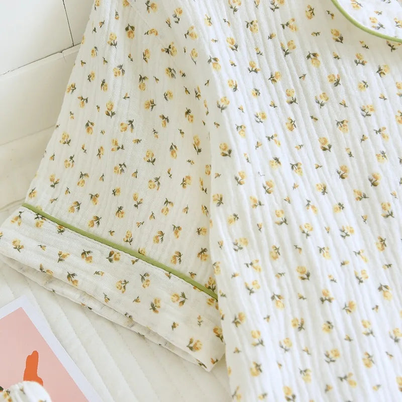 100% Gauze Cotton Summer Women Pajamas 3 Pieces Set  Female 2025 New Sleepwear Bedroom Set Short sleeved long pants + shorts