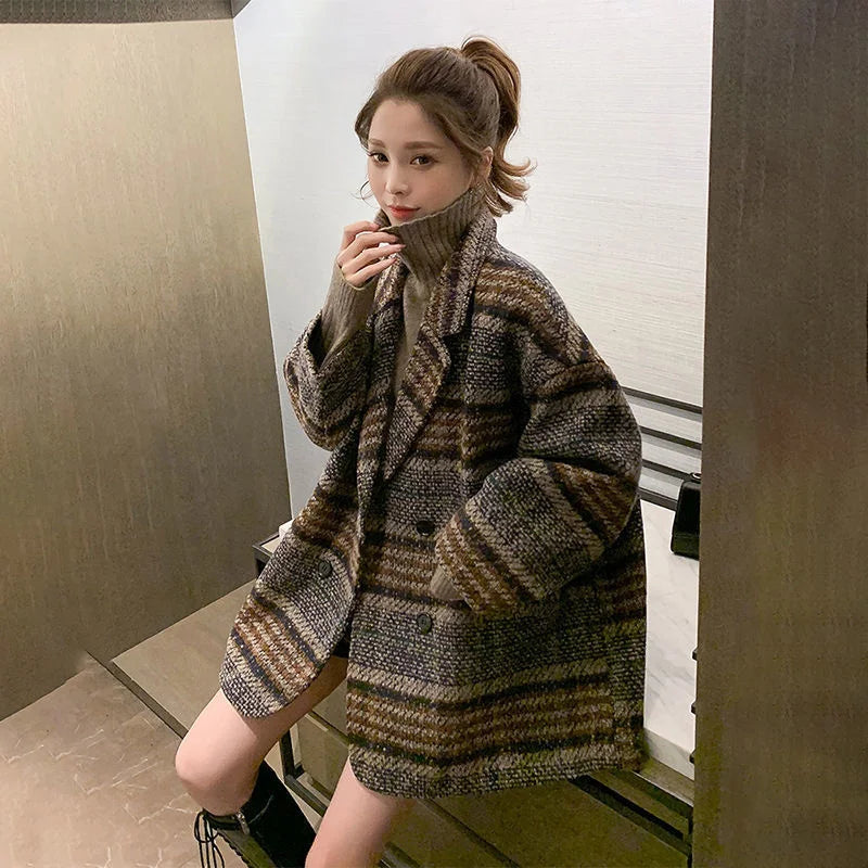 Vintage Fashion Commuter Plaid Medium Long Woolen Coat Women 2023 Spring Autumn New Korean Loose and ComfoRtable Appear Thin