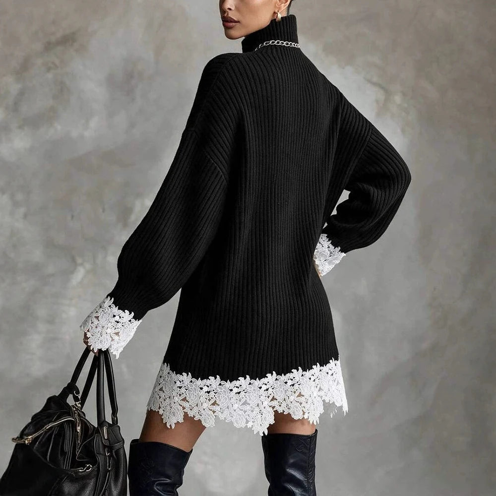 Women Turtleneck Ribbed Knit Mini Dress Vintage Hollow Out Lace Hem Long Lantern Sleeves Loose Winter Streetwear Sweater Dresses