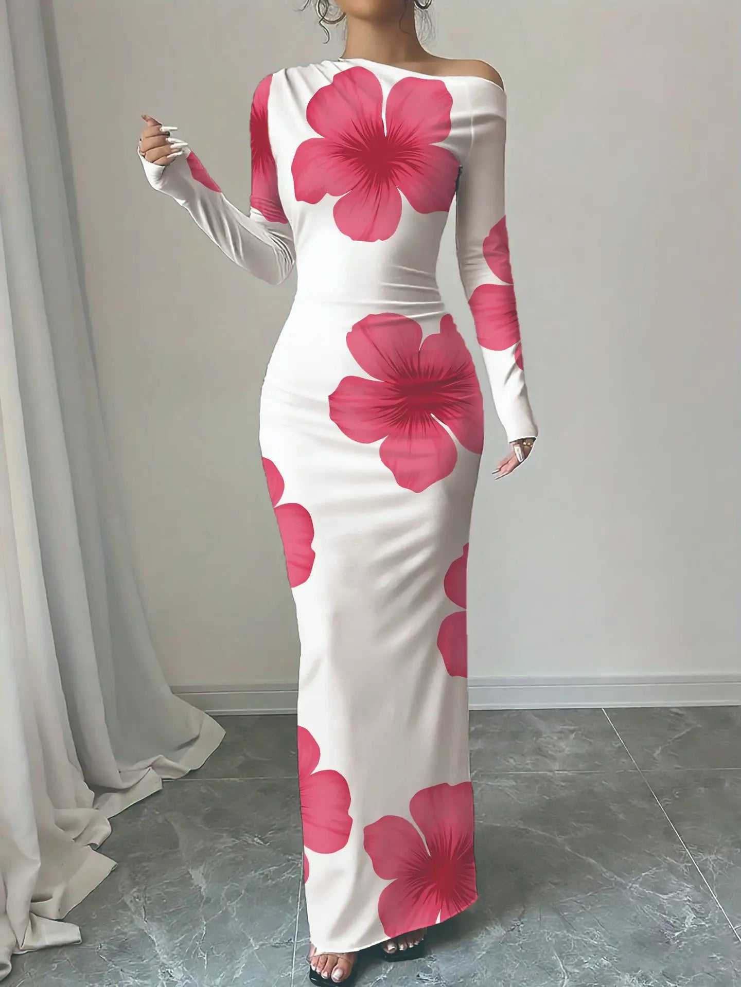 European and American 2025 Autumn New Printed Long Skirt Temperament Slim Long Sleeve Dress