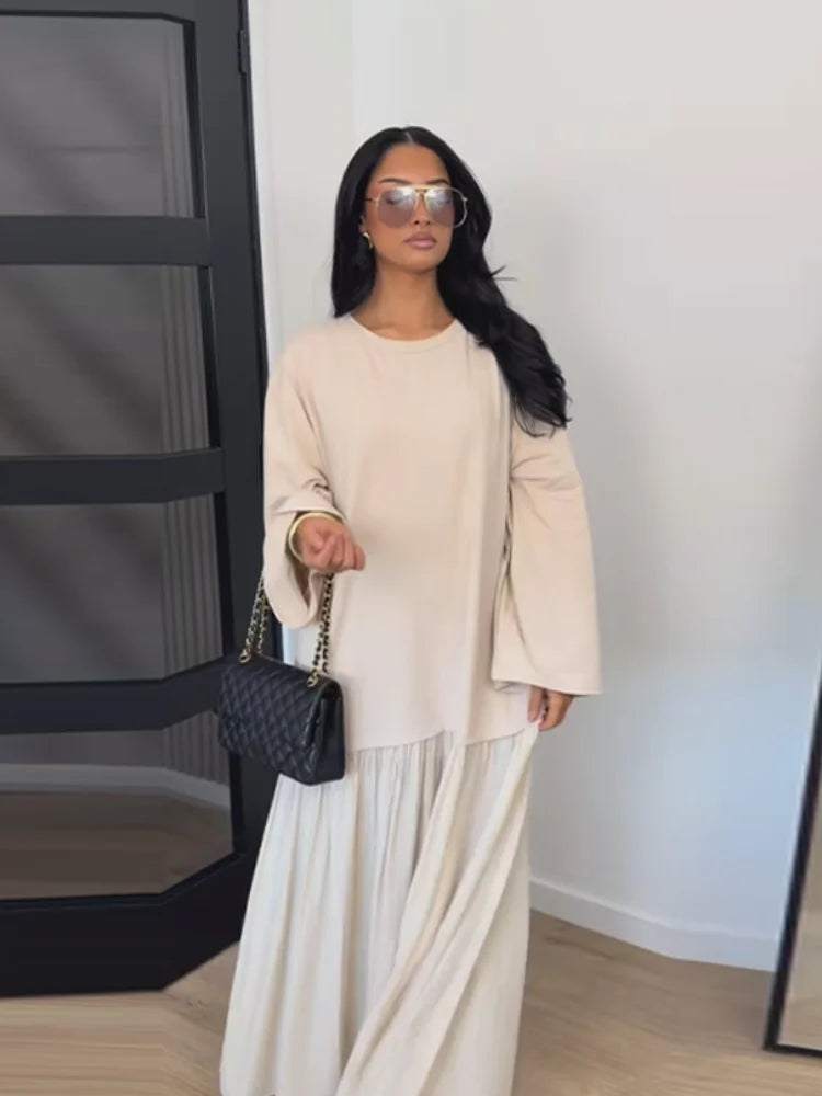 Solid Color Loose Fit Flare Sleeve Tiered Dress Crew Neck Ruffle Hem Pleated Long Maxi Dresses 2026 Spring Chic Casual Outwear