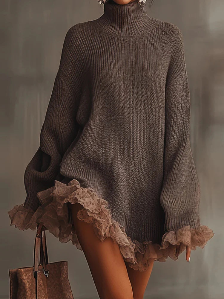 Autumn Winter Turtleneck Simple Sweater Dress, Women Holiday Casual Patchwork Mini Dress, Long Petal Sleeve Sweet Ladies Dress