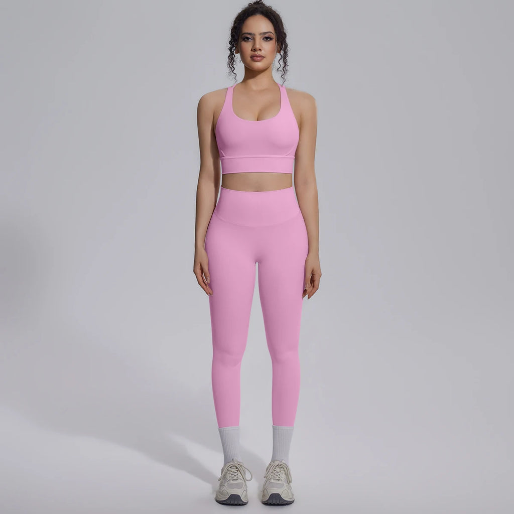2PCS Yoga Set Summer Gym Sports Running Yoga Clothing Solid Color Cross Bra Workout Top High Waisted Quick Drying Fitness Pants