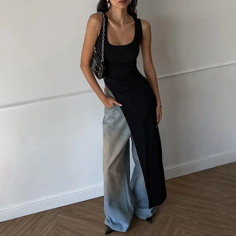 Sexy Sleeveless Side High Split Midi Dress Backless Women's Summer Party Club Streetwear Y2K Style Solid Color