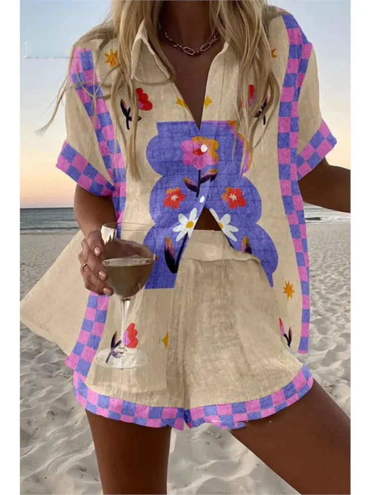 Fashion Lapel Short-sleeved Single-breasted Shirt Top + Shorts 2-piece Set Women Elegant Summer Print Loose Casual Suit Female