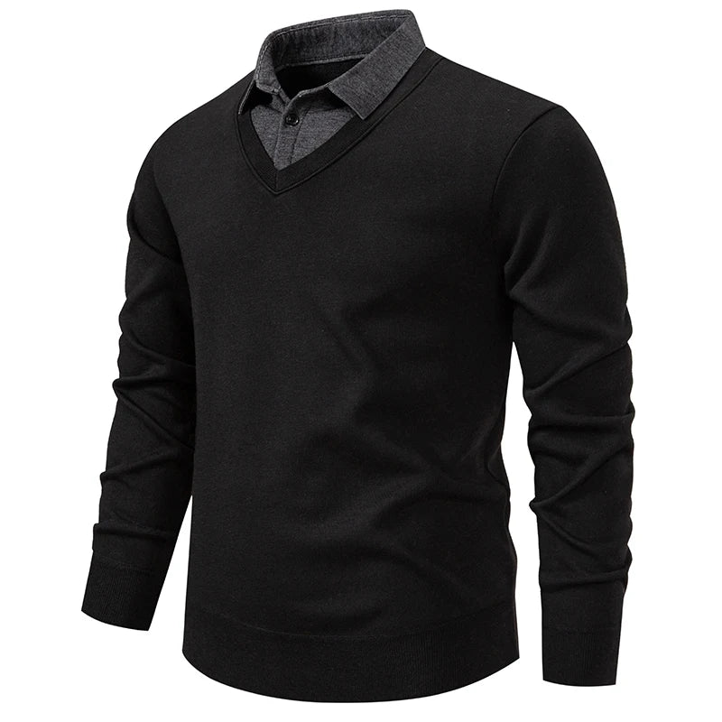 Autumn Winter Men's Fake Two-Piece Knitted Pullovers Fashion Slim Fit Turn Down Collar Knit Sweater Men Fleece Warm Pullovers