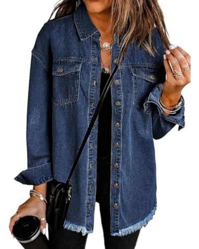 Women's Trendy Washed Denim Jacket New Spring Autumn Trimmed Edges Casual Classic Fit Jeans Jacket for Ladies