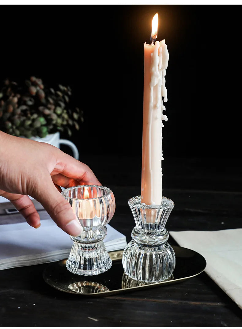 Creative Light Luxury Glass Candlestick European Retro Home Decoration Romantic Bar Skirt Double Use Candle Cup Holder Ornament