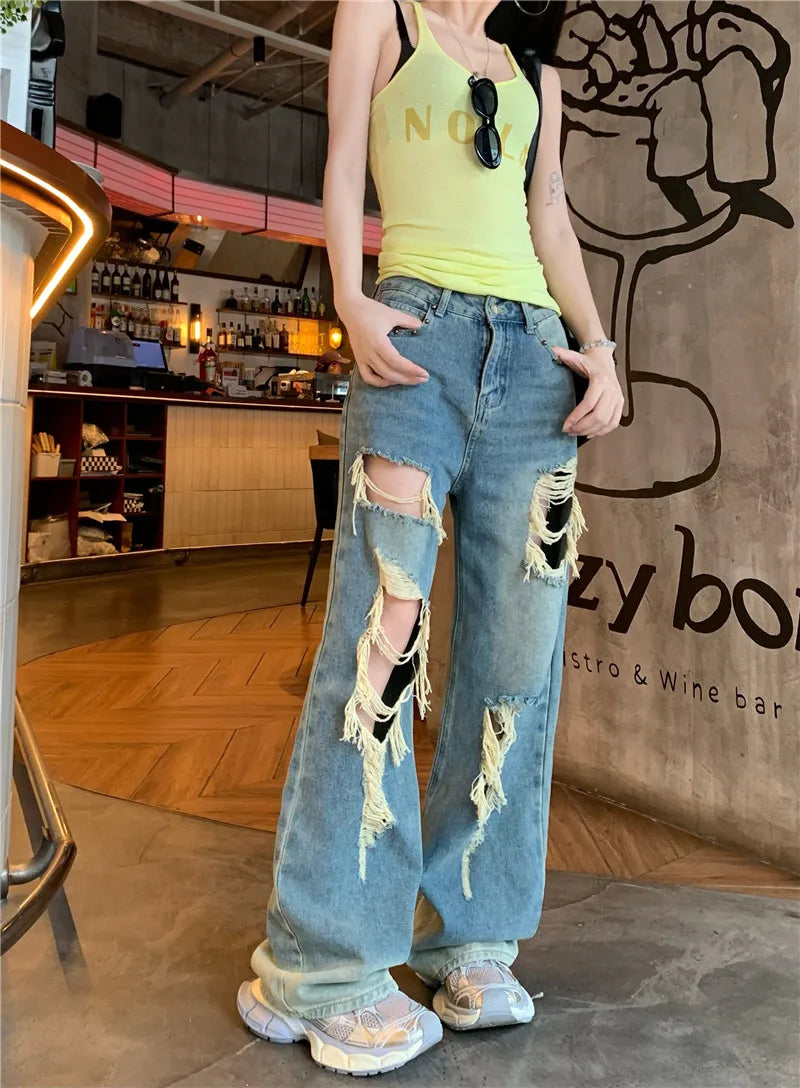 Retro Ripped Jeans for Women Summer High Waisted Loose Straight Leg Pants 2026 New Casual High Street Wide Leg Denim Trousers