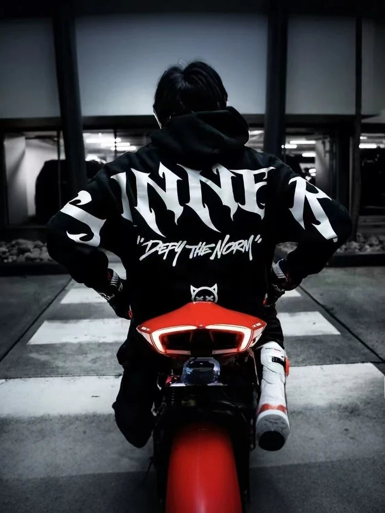 Men Street Reflective Hoodie Y2k Style Gothic Long‑sleeve Pullover Hooded Sweatshirt Loose‑fit Motorcycle Rider Night Outing New