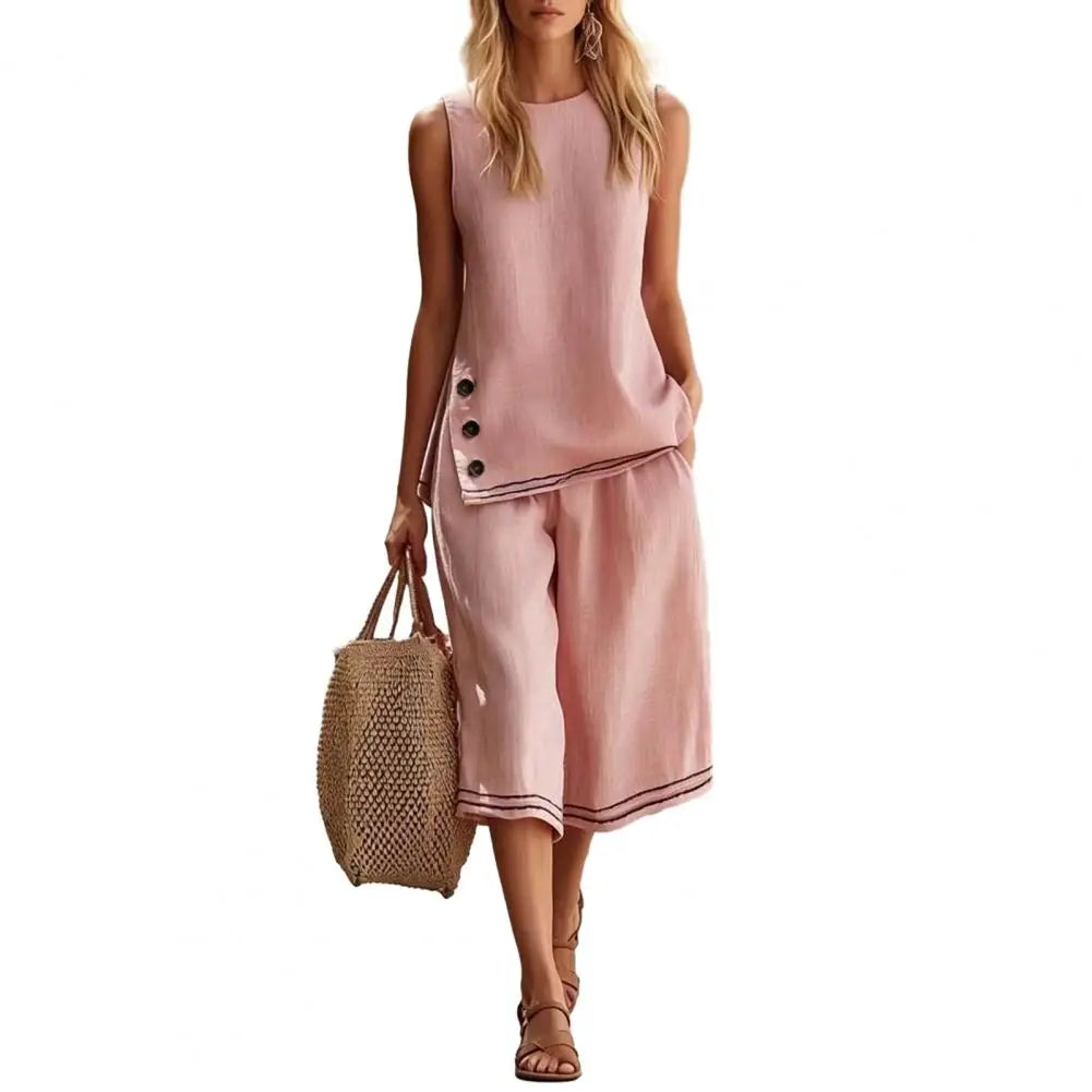 Women Two-Piece Set Soft Fabric Lounge Set Cotton Linen Sleeveless Vest ＆ Wide Leg Pants Suit Summer 2 Piece Sets Women Outfits