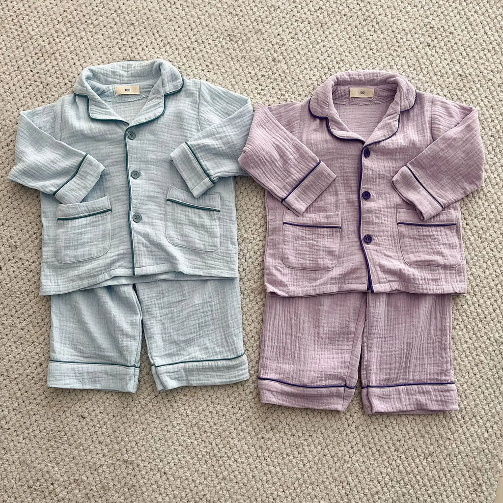 2026 New Children's Cotton Pajamas Set Soft Loose Boys Girls Clothing Turn-down Collar Button Shirt Trousers 2 Pcs Suit Pijamas