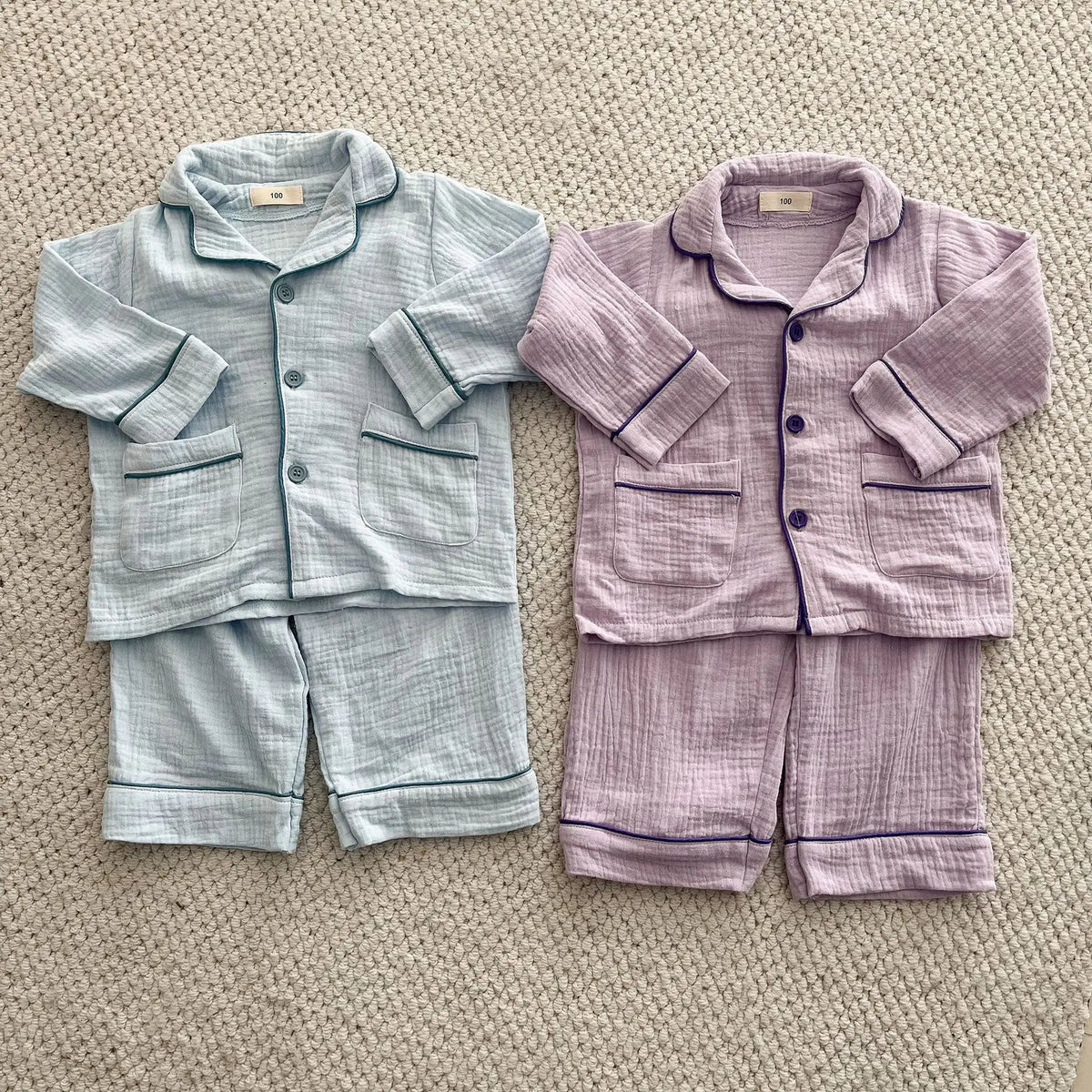 2026 New Children's Cotton Pajamas Set Soft Loose Boys Girls Clothing Turn-down Collar Button Shirt Trousers 2 Pcs Suit Pijamas