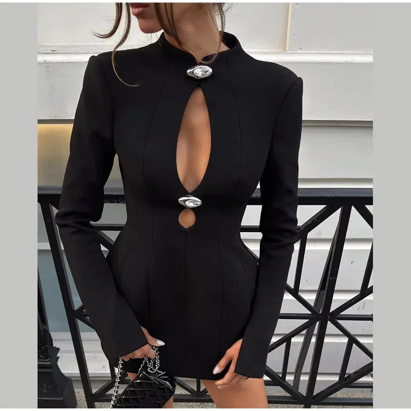 Women Hollow Out Short Dresses Black Round Neck Full Sleeve Waisted Bodycon A-line Vestidos 2025 Lady Daily High Street Gowns