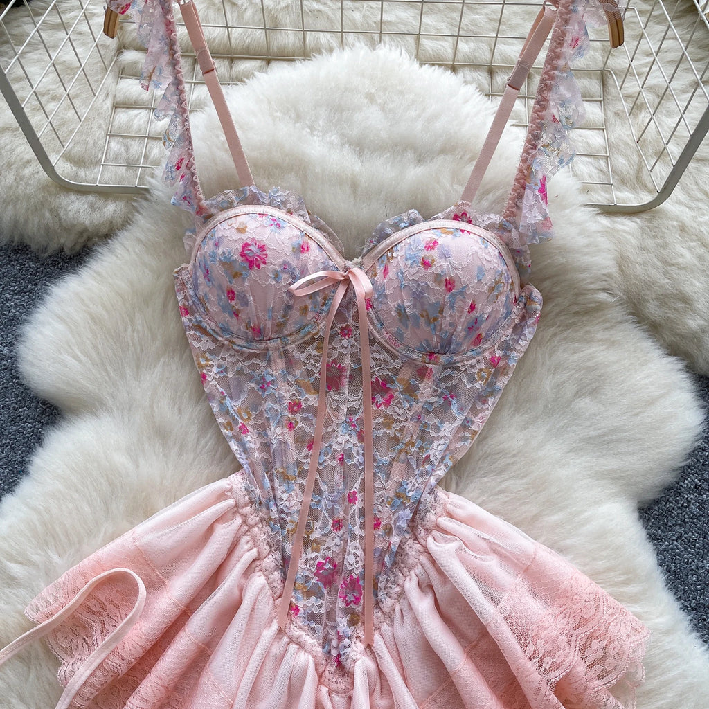 SINGREINY Strap Corset Lingerie Nightdress New Sleeveless Slim Floral Print Mini Nightwear Shapewear Mesh Lace Erotic Mini Dress