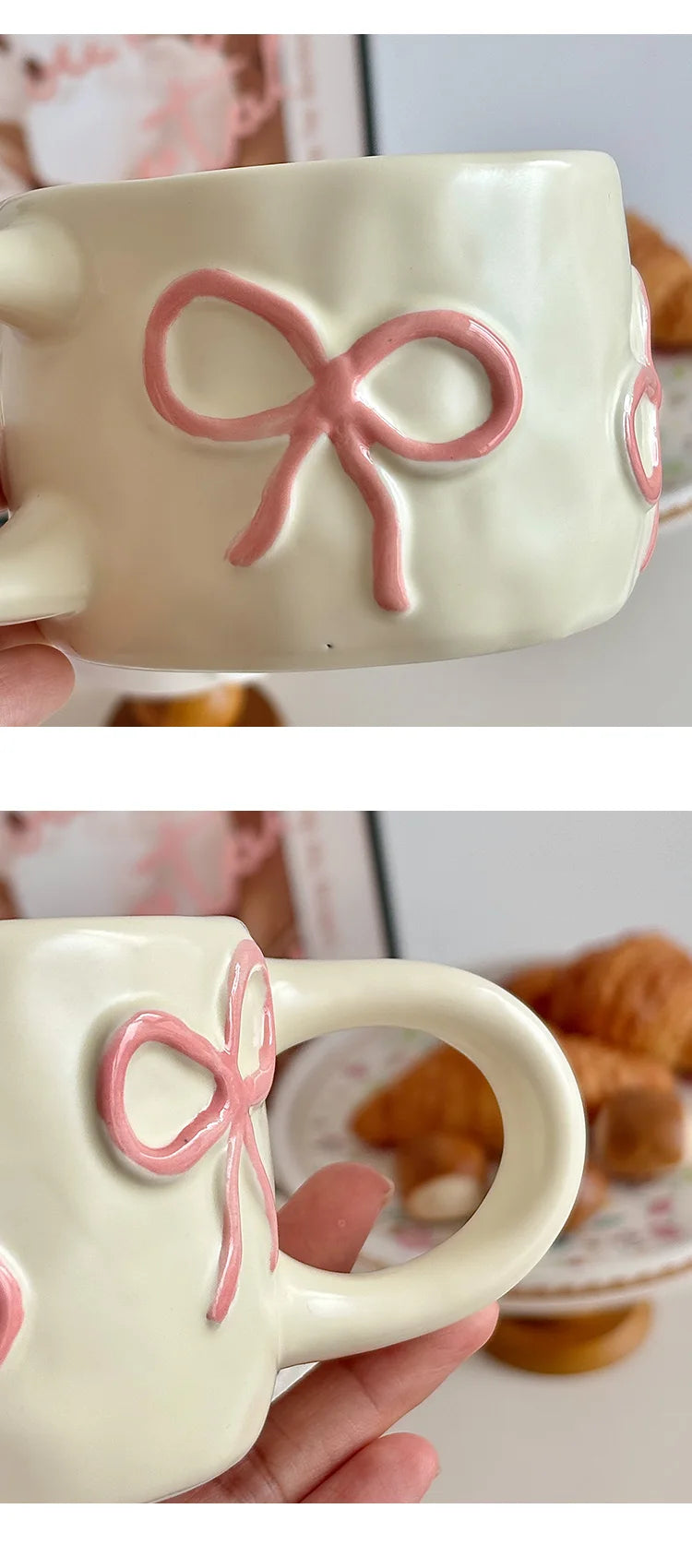Cream Colored Relief Bow Ceramic Mug, French Simplicity High-value Breakfast Cup, Household Coffee Cup, Birthday Gift