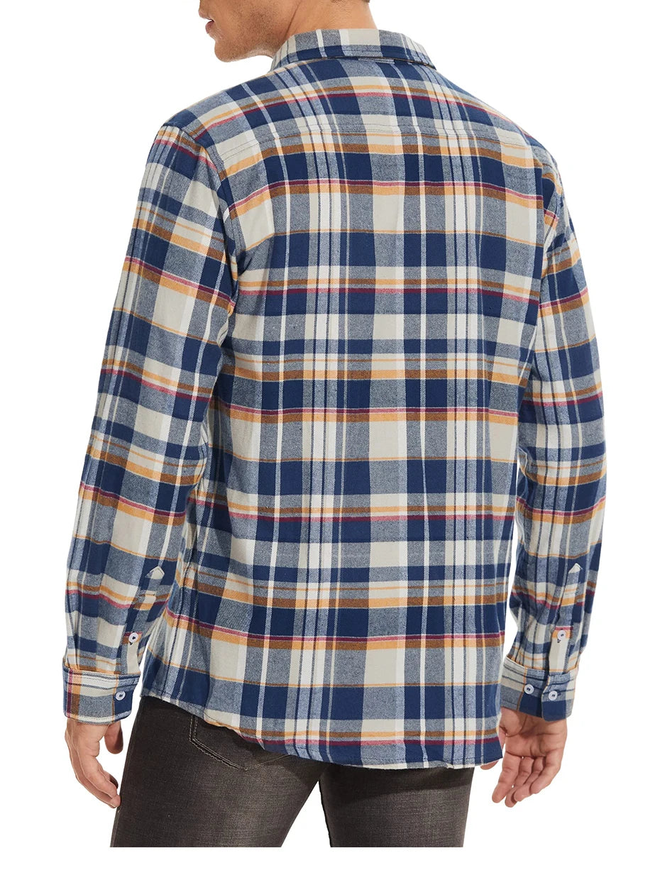 MAGCOMSEN Autumn Windproof Men's Flannel Shirt Warm Long Sleeve Casual Plaid Shirts with Two Chest Pockets