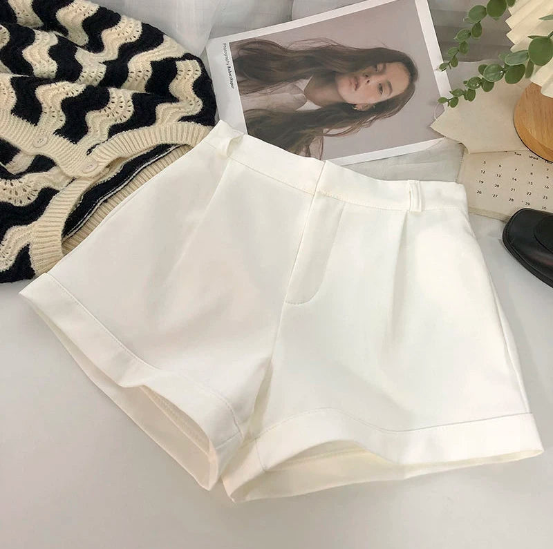 Elegant Suit Shorts Women Solid High Waist Wide Leg Shorts Office Lady Korean Fashion Black White Simple All Match Short Pants