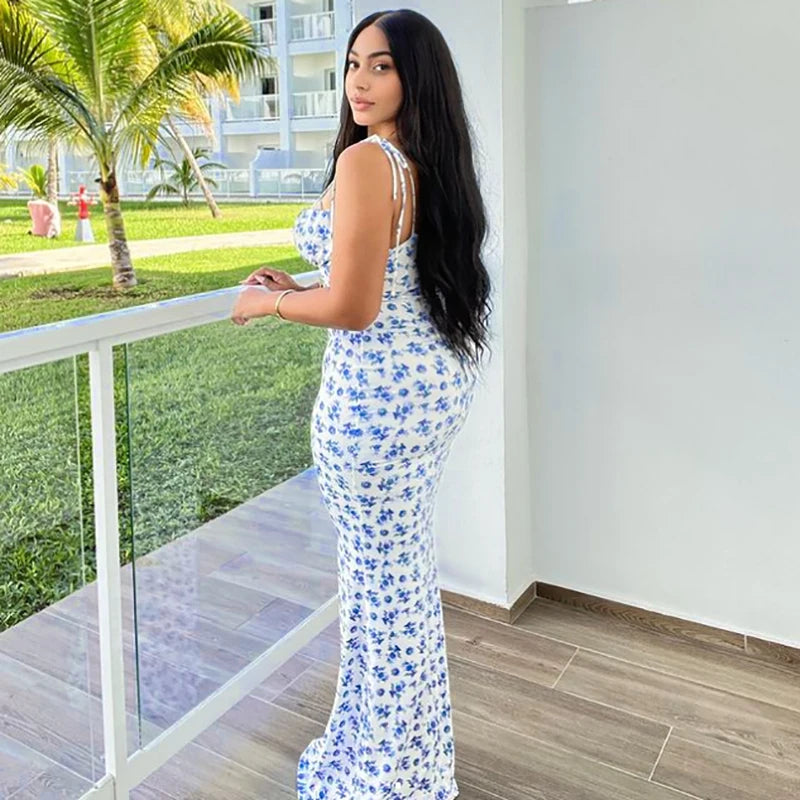 Hugcitar Floral Print Sleeveless Backless Slips Lace Up Maxi Dress Sexy Bodycon Summer Elegant Outfits Holiday Party Wholesale