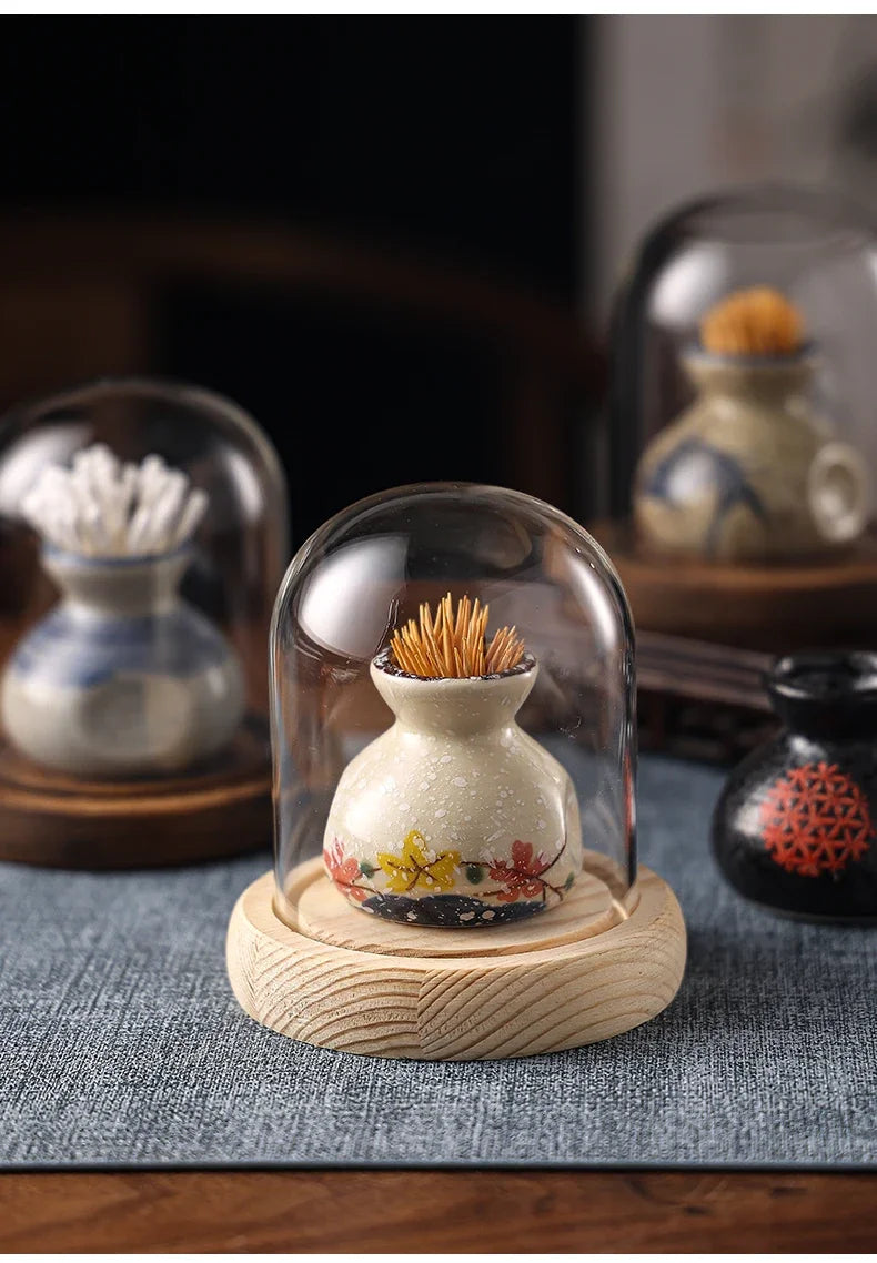 Japanese Retro Toothpick Box Home Toothpick Cotton Swabs Jar Ceramic Pot Glass Dust Cover Modern Exquisite Decoration Modern