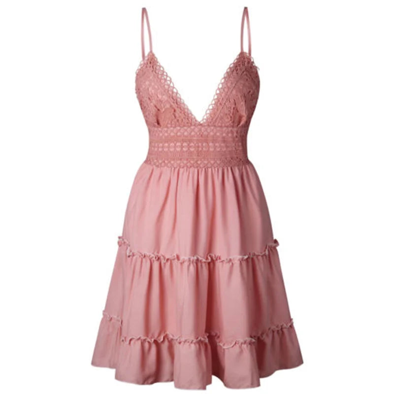 New Women Party Lace Flower Backless Mini Dress Summer Sexy Sling Spaghetti straps Deep V Neck Wedding Club Vestidos