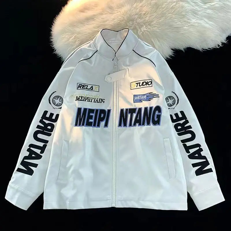 European American Motorcycle Leather Jacket Unisex Embroidered Baseball Jacket Retro Imitation Leather Jacket Coat Streetwear
