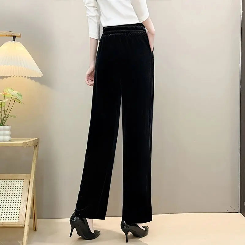 Women Drawstring High Waist Velvet Wide Leg Long Pants