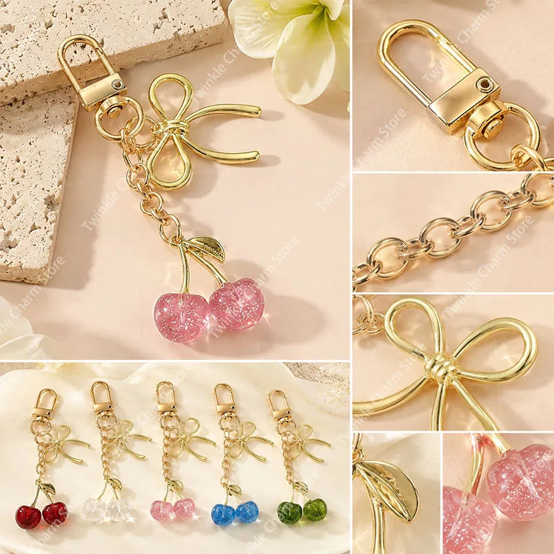 Classic Red Cherry Bow Pendant Keychain for Women Bag Decoration Car Key Chain Fashion Key Rings Party Gift Keychain Accessories