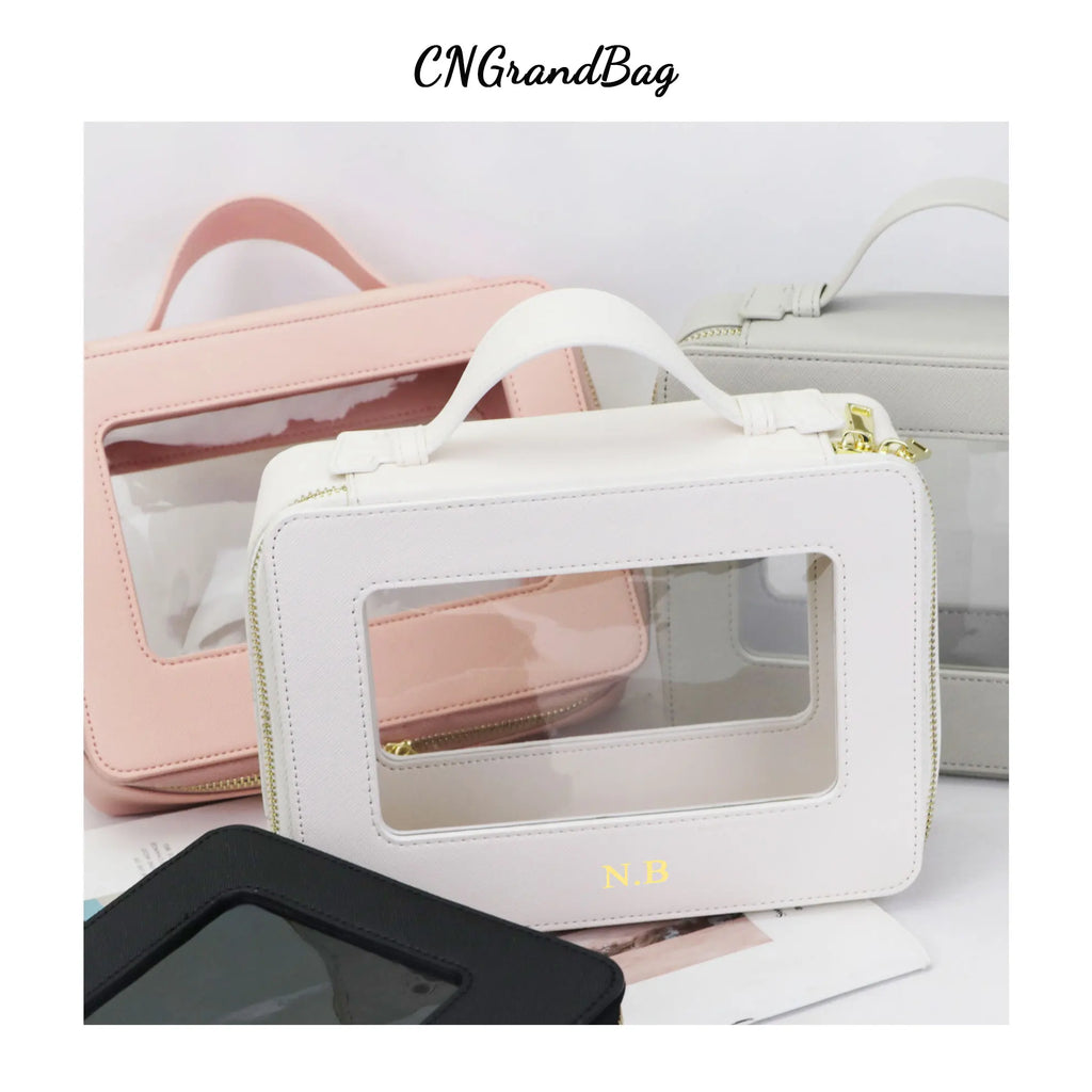 Custom Genuine Leather Travel Cosmetic Bag Set Colorful Classic Saffiano Portable Travel Clear PVC Cosmetic Bag TPU Wash Bag