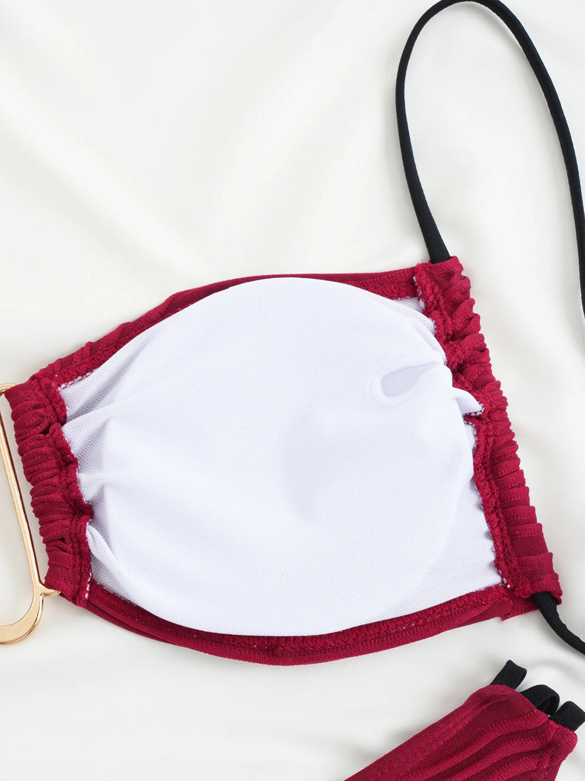 Color Block Ruched Bikini Swimsuit Thin Shoulder Straps Square Metal Ring Bikini Top Multi Strap Brief Fashion Bathing Suit