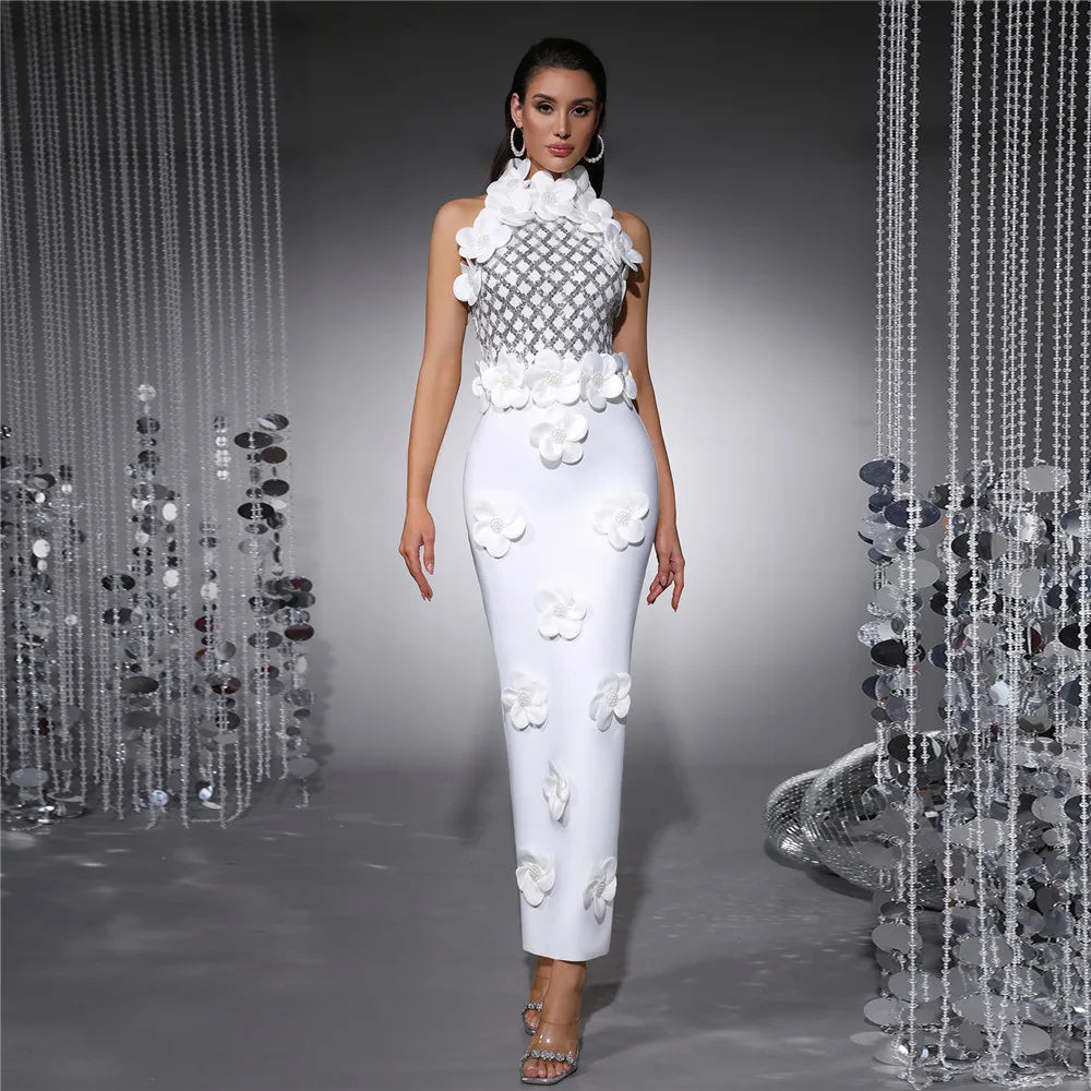 Women Fashion Flower Beading Sequins Patchwork Bandage Dress Celebrity Party Sleeveless Elegant Dresses