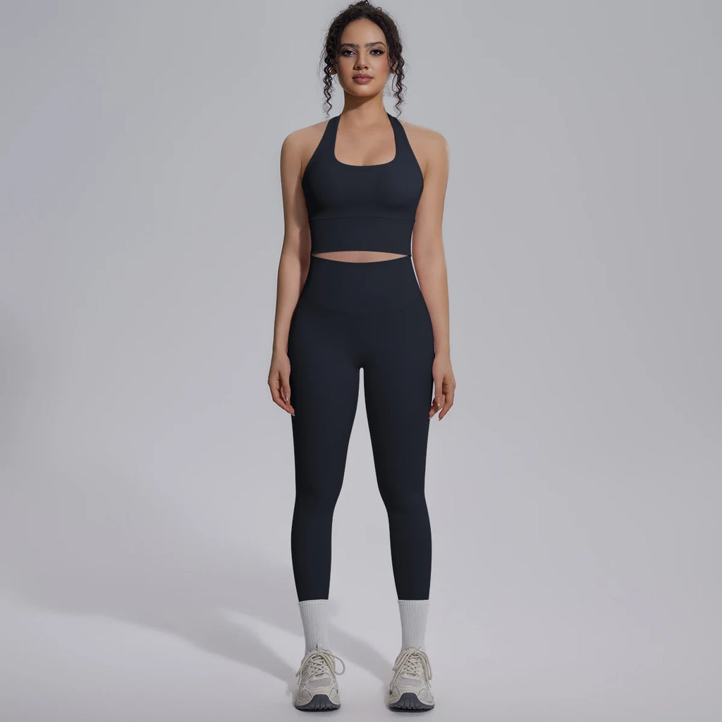 Rooftrellen New Women's Two-piece Set Fitness Sports Solid Color Yoga Set Summer Quick Drying Legging Pants Gather I-shaped Vest