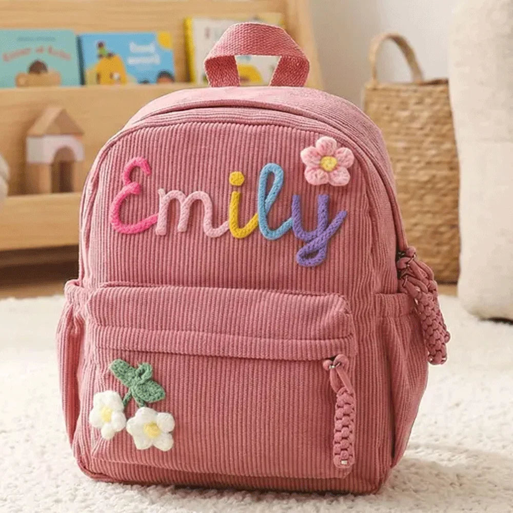 Personalized Small High-Quality Corduroy Backpack – Customizable School Bag with Name Print; Cute and Practical