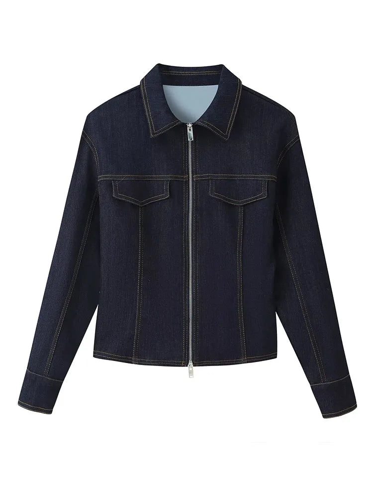 HH Women's Fashion Vintage Denim Suit Slim Lapel Long Sleeve Zipper Denim Cardigan Jacket+Mid-Rise Slim Zipper Long Jeans Mujer