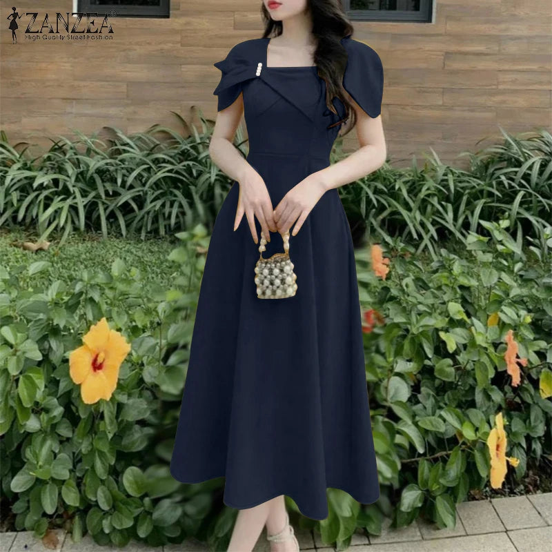 ZANZEA Elegant Chic Women A-Line Dresses Summer Fashion Square Neck Short Sleeve High Waisted Midi Robes Femme Office Vestidos