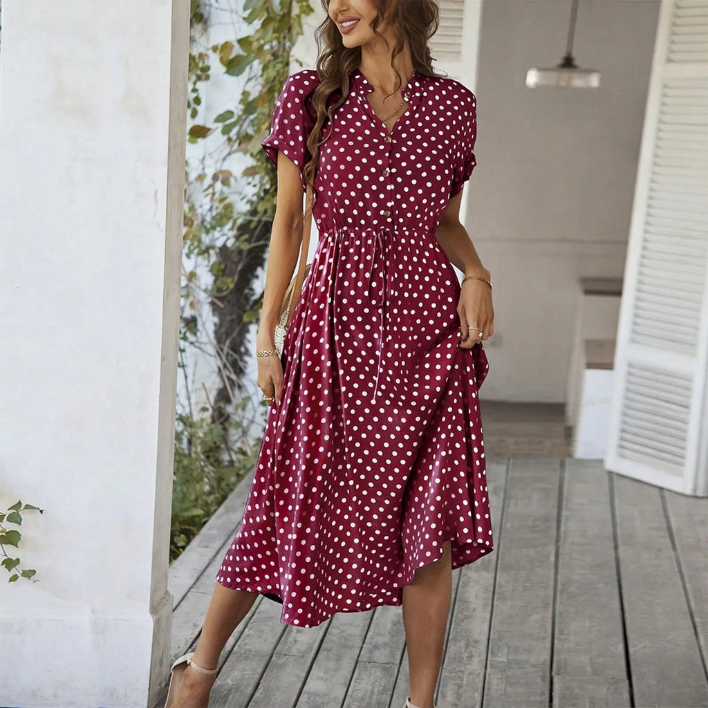 Elegant retro polka dot dress Women's Summer Midi Dress V Neck Single Breasted Short Sleeve Dresses Fashion Print Dress