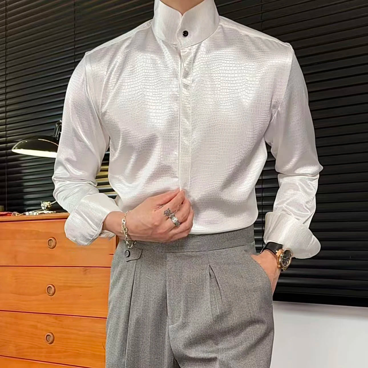 Stand Collar Men Shirt Office Long Sleeve Shirt Streetwear Leopard Print Shirt Social Business Shirt Men Camisa Social Masculina