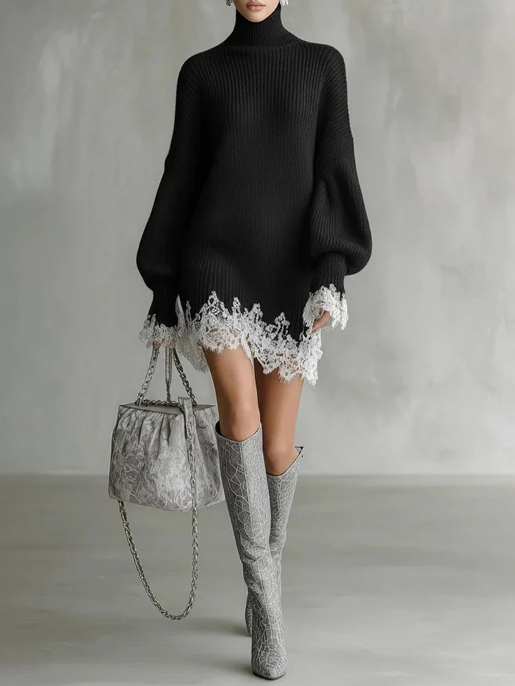 Autumn O-Neck Elegant Solid Ladies Sweater Dress Women Sexy Hollow Out Patchwork Knit Mini Dress Casual Long Sleeve Loose Dress