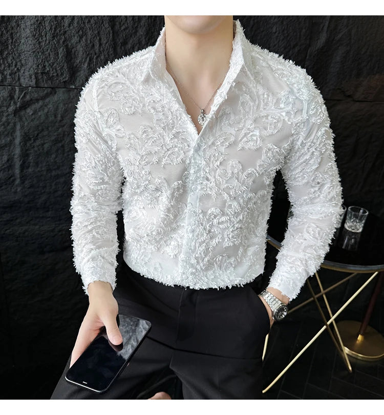 Tassels Shirts For Men Korean New Autumn Winter Long Sleeve Men's Social Shirt Slim Fit All Match Plain Color Blouse Homme 4XL-M