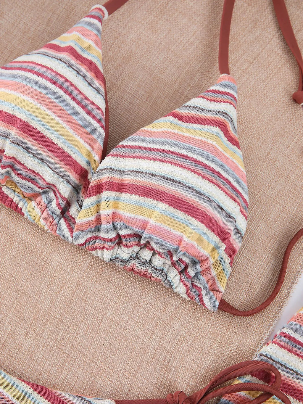 Women Retro Stripe 3 Piece Bikini Set Halter Tie Triangle Top Side Tie Swimsuits Mini Wrap Skirt Cover Up Beach Bathing Suit