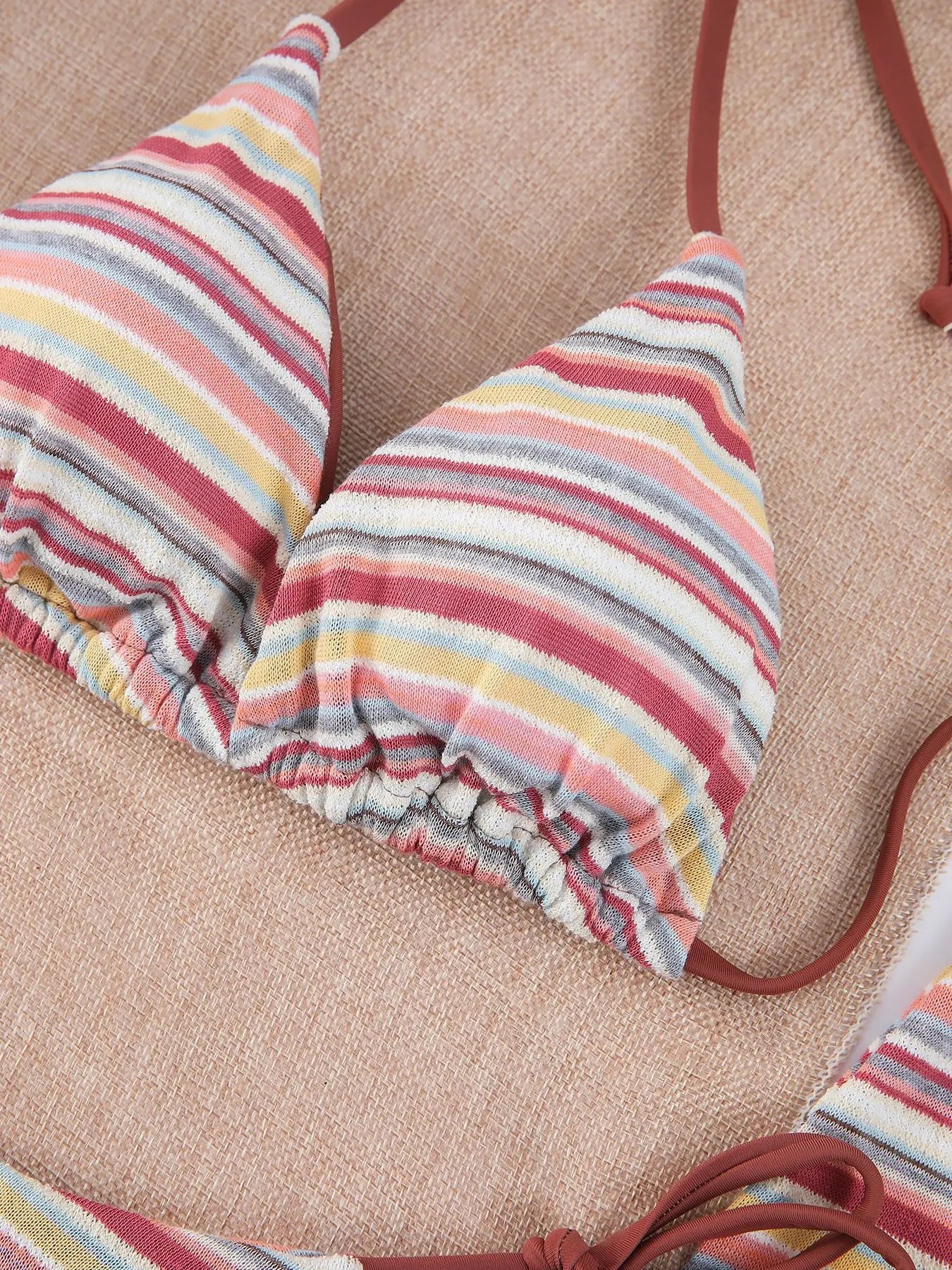 Women Retro Stripe 3 Piece Bikini Set Halter Tie Triangle Top Side Tie Swimsuits Mini Wrap Skirt Cover Up Beach Bathing Suit