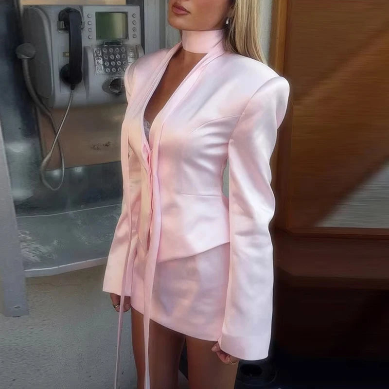 Solid Lapel Shirts 2 Piece Sets Women Chic Lapel Hollow Out Blazer Wrap Hip Slim Fit Mini Skirts Suits 2026 Lady Daily Wear New