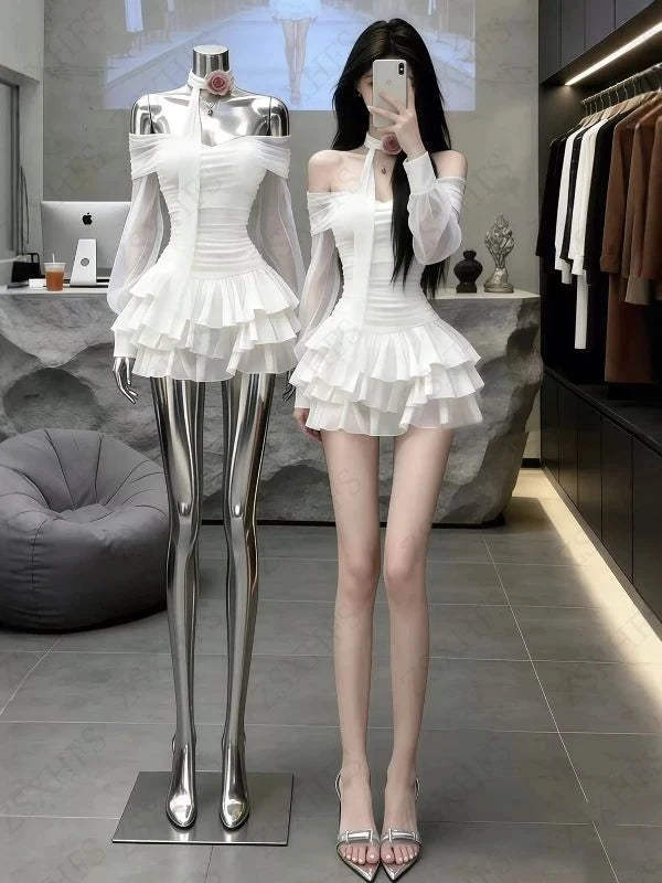 Korea Kawaii Sexy Dresses Punk Aesthetic 2000s Summer Sexy Girl Gentle Dress Chiffon Perspective Trendy Slim Tiered Short Dress