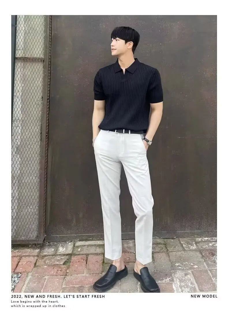Trendy Polo Shirt for Men Summer Solid Color Top Versatile Knit Style Korean Short Sleeves Casual Fashion T-shirt